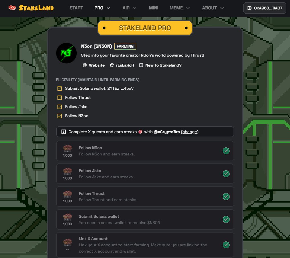 New <a href="/stakeland/">Stakeland</a> PRO Quest for <a href="/N3onOnYT/">N3on</a> just dropped. 

Step into N3on’s world. Raw energy, chaos, and culture.

4,000 steaks 🥩 are up for grabs by following some simple social tasks at: stakeland.com/farm/n3on