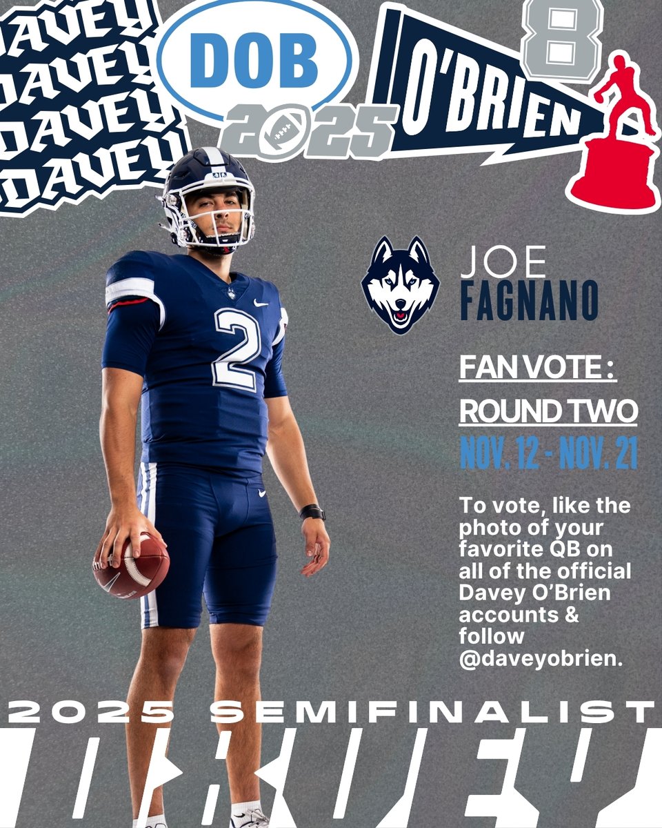 daveyobrien's tweet image. All of UConn do your part and vote Fagnano! #HuskiesOverEveryone - like your QB’s photo on @daveyobrien official accounts on Twitter, Instagram and Facebook. The QBs leading the fan vote will receive bonus Selection Committee votes as we get closer to deciding our National…