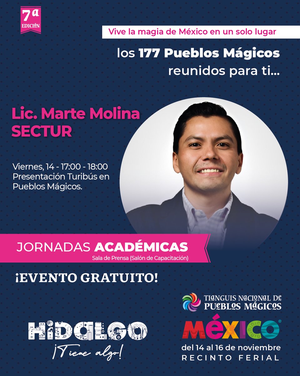 gobiernohidalgo's tweet image. ✨El Tianguis Nacional de Pueblos Mágicos 2025 impulsa el talento turístico con master class y foros especializados.
📅Este viernes 14 de noviembre vive la #JornadaAcadémica llena de aprendizaje y oportunidades. 💼🌎
👉Descubre más en pueblosmagicoshidalgo2025.com.mx
#TNPM2025