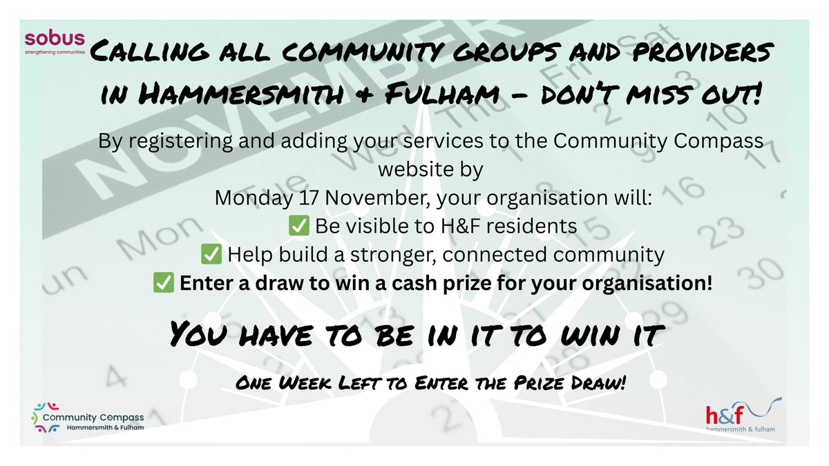 🚨 1 Week Left! 🚨
Be seen. Be heard. Be part of it! Register on H&amp;F Community Compass by 17 Nov for a chance to win 💰 &amp; connect with residents 👉 hfcompass.org #HFCommunityCompass <a href="/LBHF/">H&F Council</a>