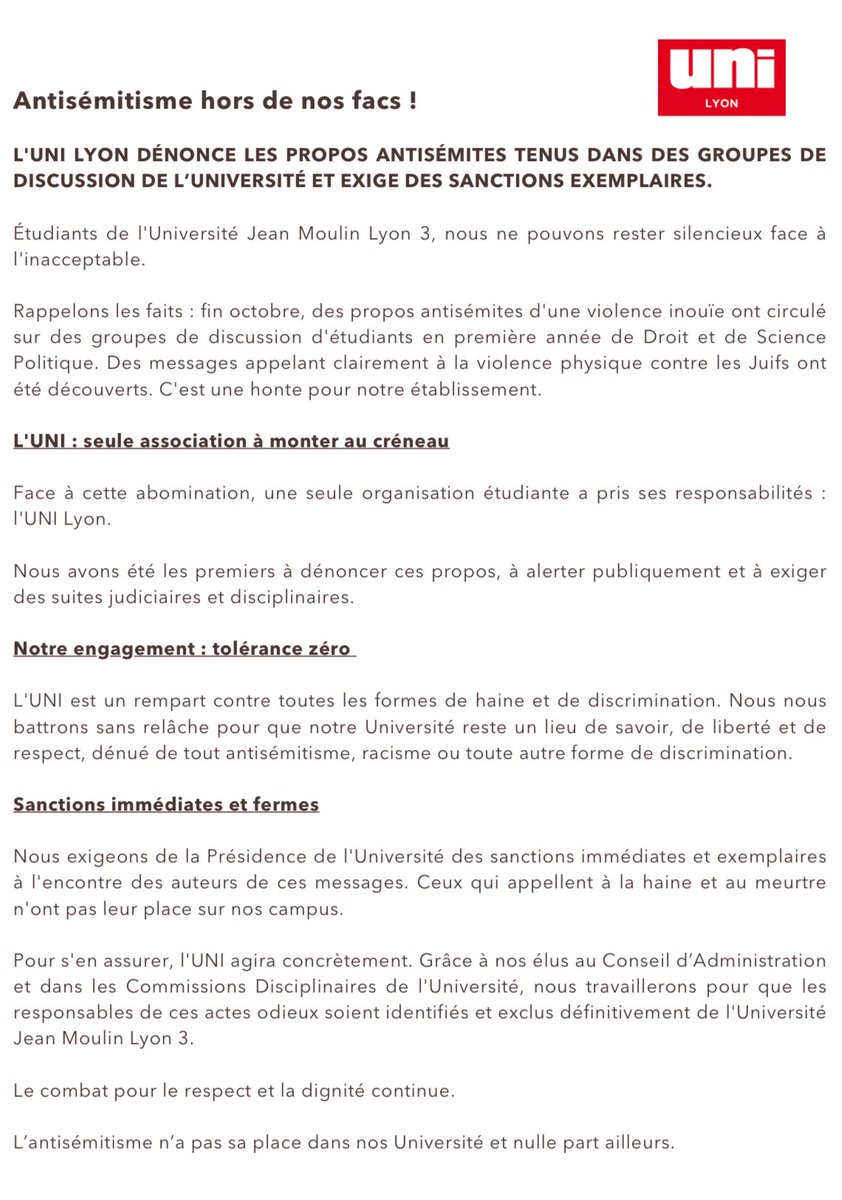 Aujourd’hui à Lyon 3 pour dénoncer l’antisémitisme et toutes les formes de haine au sein de l’Université. ❌

Des étudiants sensibles à la question, des échanges intéressants et une vraie indignation concernant les propos horribles tenus récemment dans les groupes de promotion.