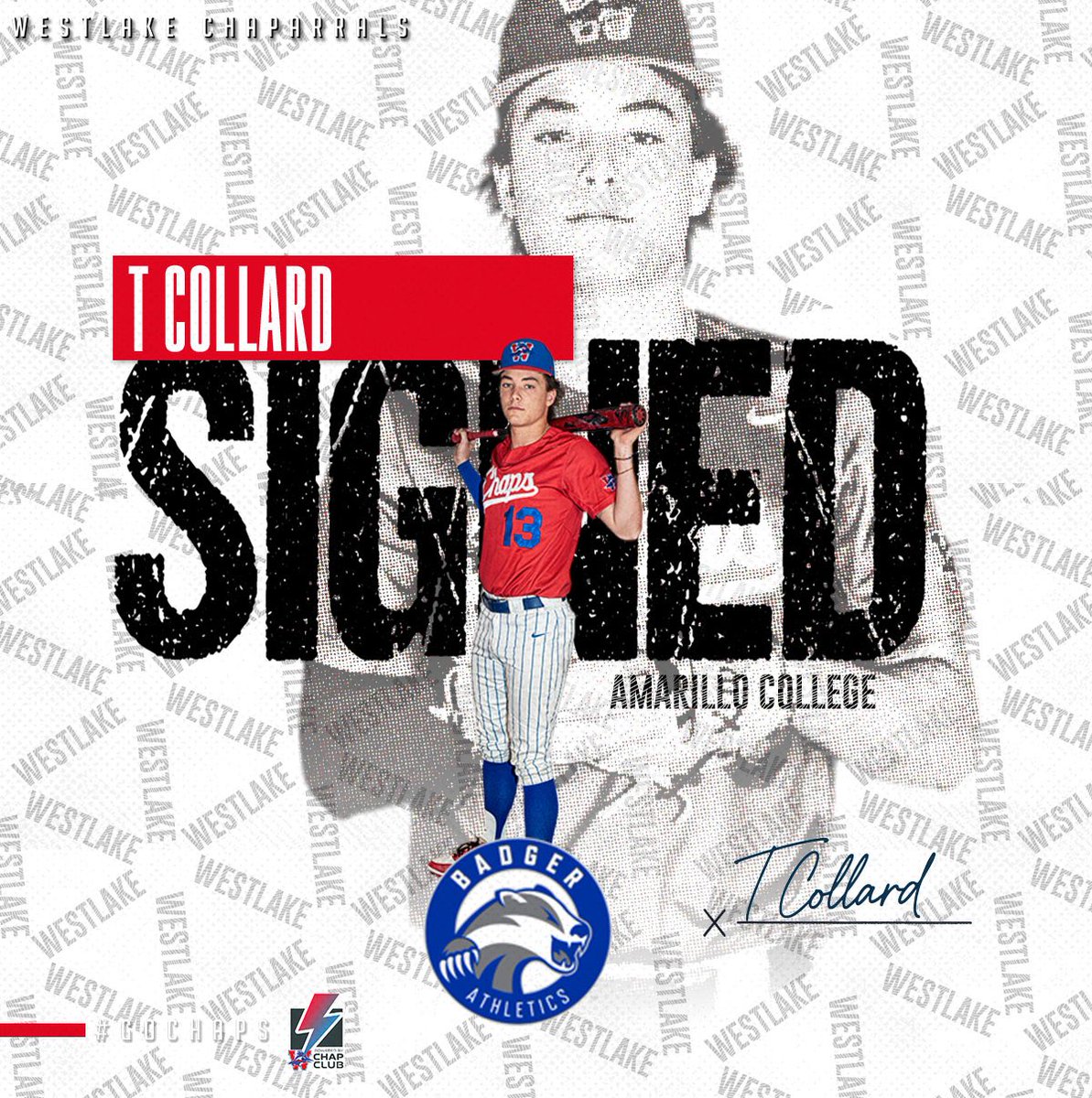 T Collard will continue his academic and baseball journey with Amarillo College. Congratulations, T on signing with the Badgers. #GoBadgers #GoChaps