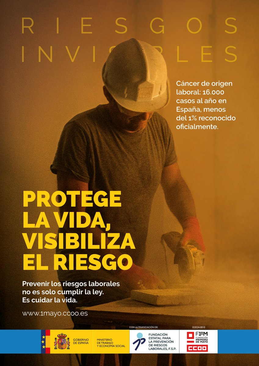 CCOO's tweet image. Sabías que el cáncer laboral es la 1ª causa de muerte en el trabajo en España. 

Más de 16.000 personas lo desarrollan cada año por exposición en el trabajo, pero menos del 1% son reconocidos oficialmente.

Prevenir los riesgos no es solo cumplir la ley, es cuidar la vida. Por…