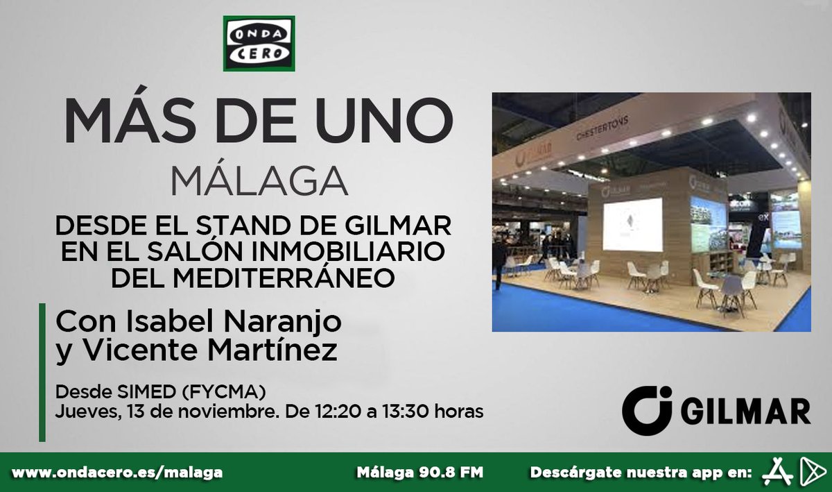 No te pierdas mañana "Más de Uno Málaga" desde el stand de <a href="/Gilmar_es/">GILMAR.es</a> en <a href="/SimedMalaga/">Simed</a> con <a href="/naranjoisabel/">Isabel Naranjo</a> y <a href="/vicente_mtnez/">Vicente Martínez</a>
