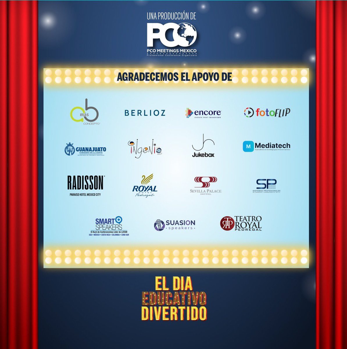 ✨🎭¡𝗧𝗲𝗿𝗰𝗲𝗿𝗮 𝗹𝗹𝗮𝗺𝗮𝗱𝗮!
Abrimos el telón del Día Educativo Divertido, evento que transformará y hará vibrar la creatividad de todos los asistentes 🙌💥

Nuestro agradecimiento a todos los patrocinadores, por creer en el valor de la profesionalización y el desarrollo