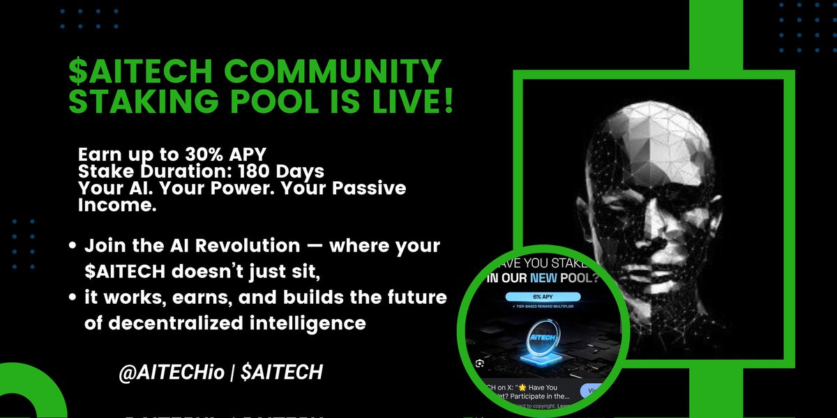 🔥 The Future of AI Rewards Has Begun!

The $AITECH Community Staking Pool is LIVE — and it’s built for true Vision Makers 💎

💰 Earn up to 30% APY
🕒 Lock for 180 Days
⚙️ Power the AI Infrastructure of Tomorrow