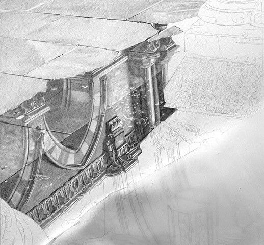 plusonegallery's tweet image. London-born Canadian artist #RogerWatt is fascinated with reflections and the effects of light, which he explores thoroughly in his drawings. Here is his latest work, a rendition of a reflection in St Pancras, 'Floodlight' graphite on Bristol board, 100 x 70 cm.  #plusonegallery