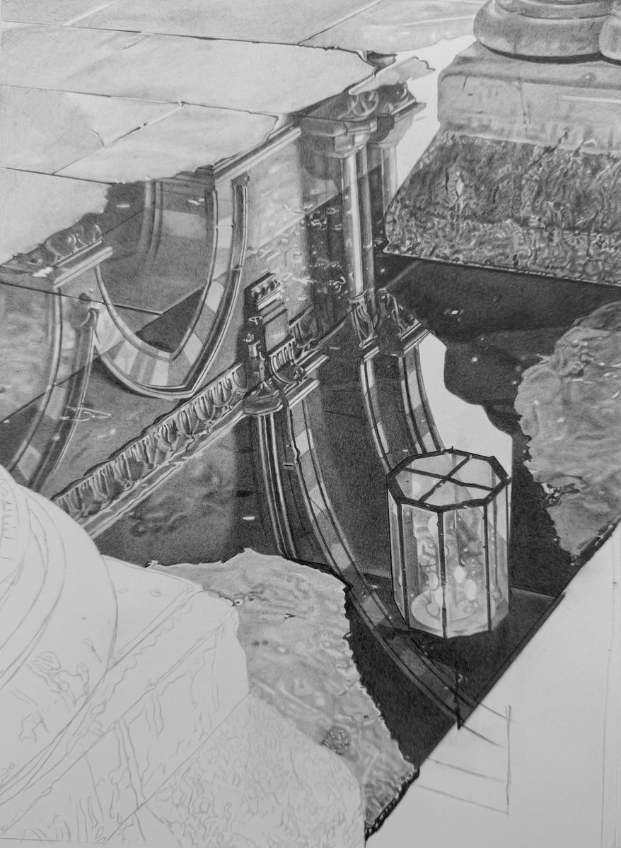 plusonegallery's tweet image. London-born Canadian artist #RogerWatt is fascinated with reflections and the effects of light, which he explores thoroughly in his drawings. Here is his latest work, a rendition of a reflection in St Pancras, 'Floodlight' graphite on Bristol board, 100 x 70 cm.  #plusonegallery