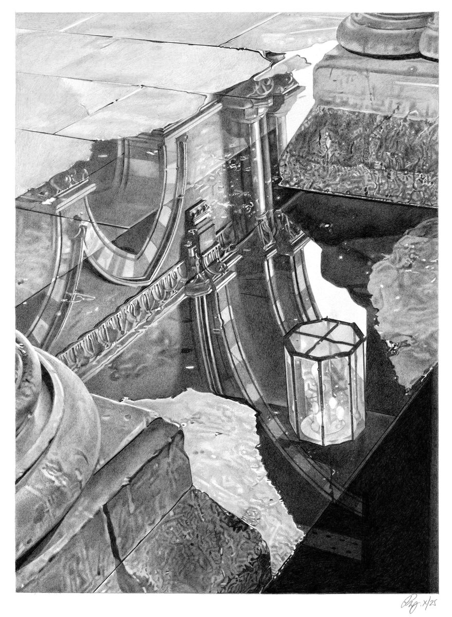 plusonegallery's tweet image. London-born Canadian artist #RogerWatt is fascinated with reflections and the effects of light, which he explores thoroughly in his drawings. Here is his latest work, a rendition of a reflection in St Pancras, 'Floodlight' graphite on Bristol board, 100 x 70 cm.  #plusonegallery