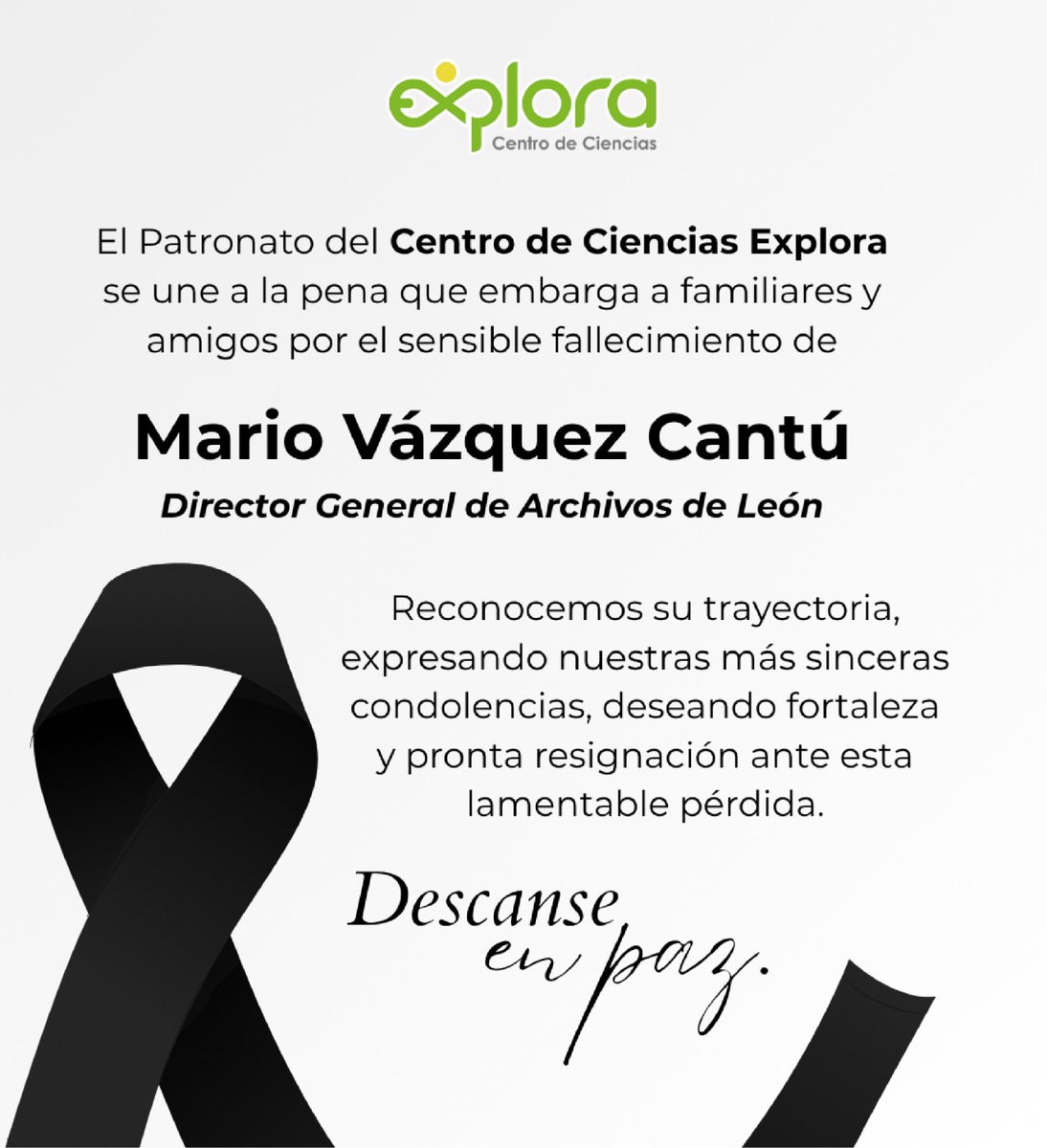 ExploraLeon's tweet image. 🕊️ Nos unimos a la pena por el sensible fallecimiento de nuestro compañero Mario Vázquez.
Expresamos nuestras más sinceras condolencias.