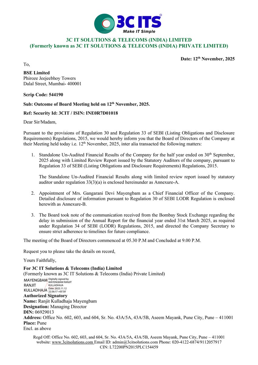 nileshkurhade's tweet photo. 📌 3C IT Solutions and Telecoms (India) Ltd informed the exchange about its approval for the financial results for the period ended September 30, 2025. #SME #3CIT 📄🧾 https://t.co/OU5T2AuOAT