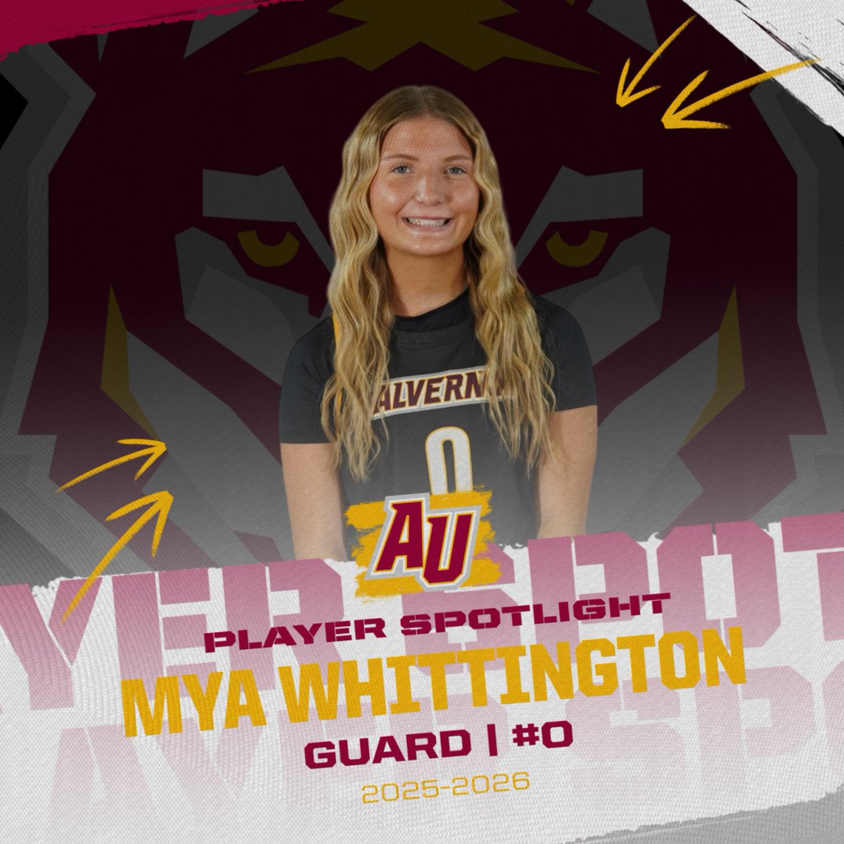 It's time to introduce your Alvernia University Women's Basketball Team. Meet First Year #0 Mya Whittington.  Mya is 5'4 Guard from Indian River High School in Selbyville, DE and is majoring in Communications. #auwbb #goldenwolves #earsup