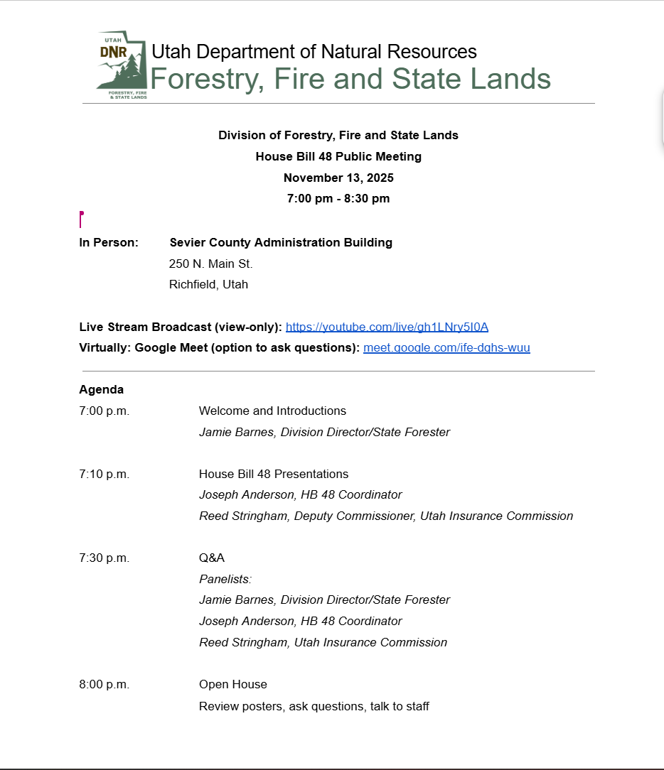 UtahFFSL's tweet photo. π₯ Join us for the HB48 Public Meeting in Richfield, UT!
π
Nov 13, 2025 | π 7β8:30 PM
π Sevier County Admin Bldg, 250 N Main St
Learn about WUI mapping, high-risk area designations & wildfire mitigation planning.
https://t.co/d90tFjlwkP
#UtahDNR #FFSL #HB48 #UtahWildfire https://t.co/BHORkEW1Dq