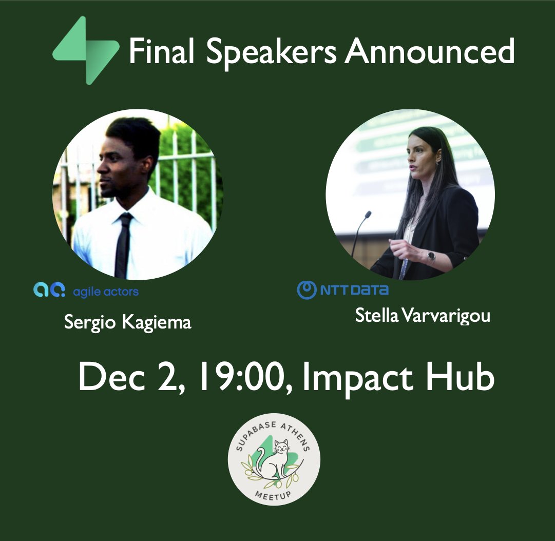 psybercity's tweet image. Announcing the last 2 speakers for the Athens @supabase meetup!

@sergio_kag from @AgileActors  and @svarvarigou from @NTTDATA 

See you all on December 2, 19:00, at @ImpactHubAthens