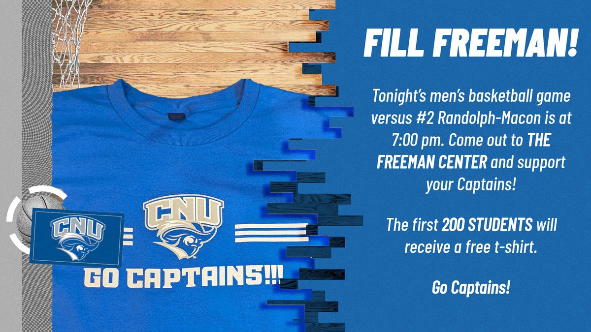 CNUathletics's tweet photo. FILL FREEMAN! Tonight No. 9 @CNUHoops_ welcomes No. 2 Randolph-Macon for the men's basketball home opener at 7:00 pm
Come out and support the Captains -- the first 200 students will receive a free t-shirt
#d3hoops #letsgocaptains #mantheship https://t.co/ALZC8IHYLa