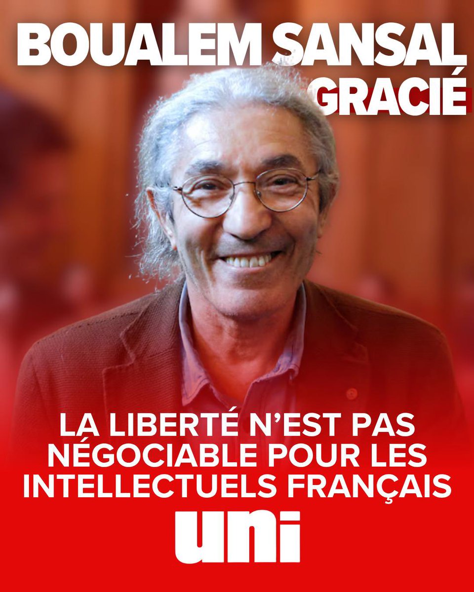L’UNI se réjouit de la libération prochaine de Boualem Sansal, emprisonné par le régime algérien depuis près d’un an.

La liberté n’est pas négociable pour les intellectuels français ! 🇫🇷