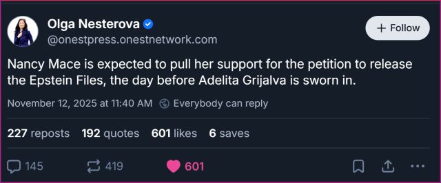 We always knew that Trump would put pressure on one of his MAGATs not to sign the discharge petition to release the Epstein files, which would counter Adelita Grijalva's looming vote.  
It looks like Nancy Mace has caved, &amp; Trump's obvious pedophile past will be sealed forever.