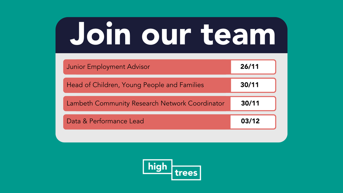 HighTreesCDT's tweet image. 📢 We’re hiring!

There’s a number of exciting opportunities currently open. We&apos;re looking for passionate individuals who want to make a real difference and join our team!

🔗 Find out more here: high-trees.org/work-for-us/

#HiringNow #Vacancies