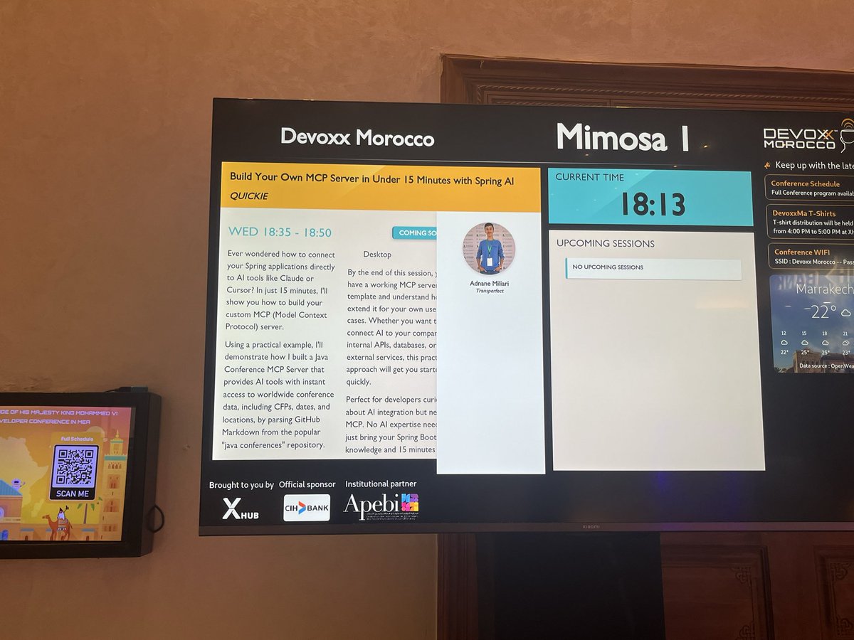 nanodev_ma's tweet image. My session at Devoxx Morocco 25, is starting soon in Mimosa 1.

See you there! #DevoxxMA #Java #MCP #SpringAI