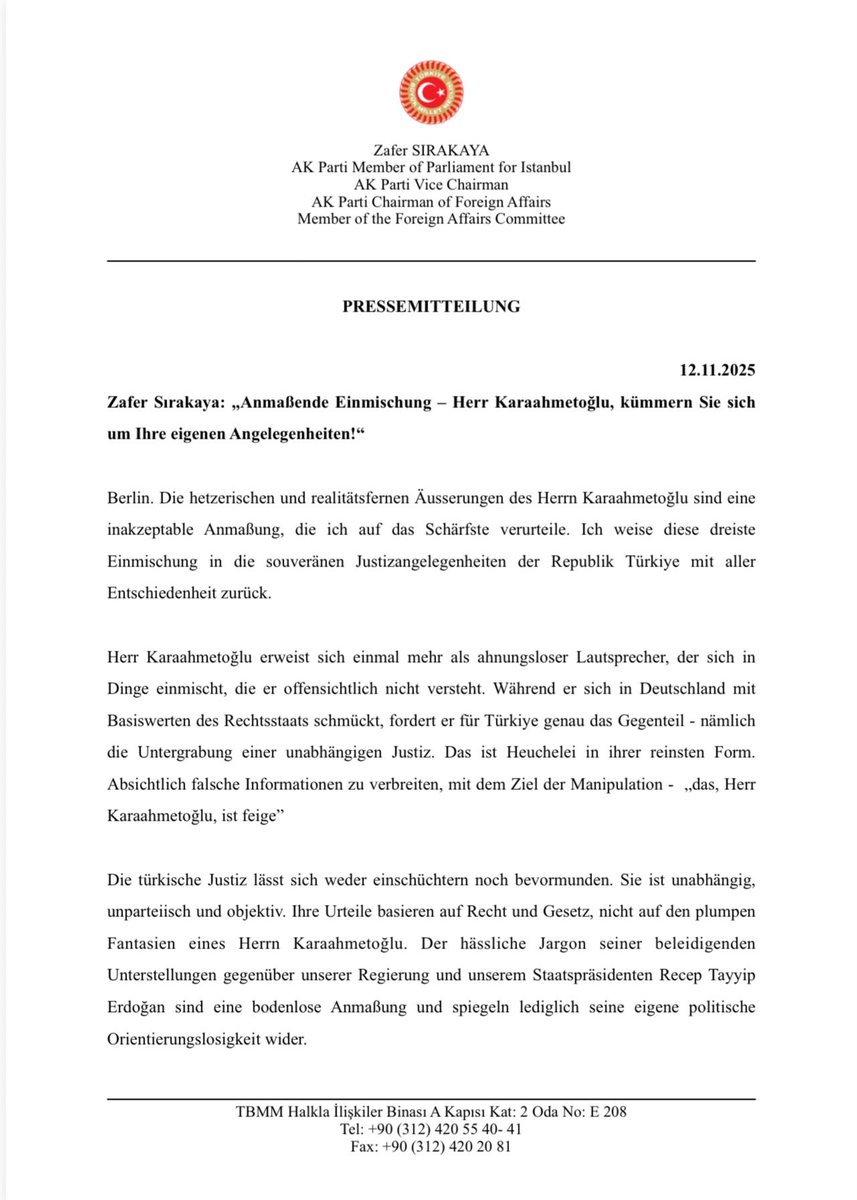 SirakayaZafer's tweet image. Aus gegebenem Anlass und unter ausdrücklichem Verweis auf die Souveränität der Republik Türkiye

Pressemitteilung zu den jüngsten Äußerungen des SPD-Bundestagsabgeordneten Macit Karaahmetoğlu