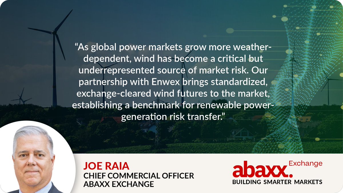 abaxx_exchange's tweet image. Ahead of Friday’s launch of Enwex German Wind Futures, Abaxx Exchange joins WRMA’s 2025 European Meeting to highlight how standardized wind futures turn generation volatility into tradable market risk and clearer price signals for renewable power.