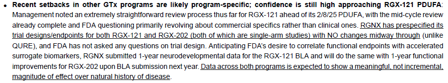 BiotechAnalysst's tweet image. $RGNX says at STIFEL #setbacks in other GTx programs are likely #program-#specific; 
extremely straightforward review process
$RGNX has prespecified its trial designs/endpoints  
(unlike $QURE), 
and FDA has not asked any questions on trial design...