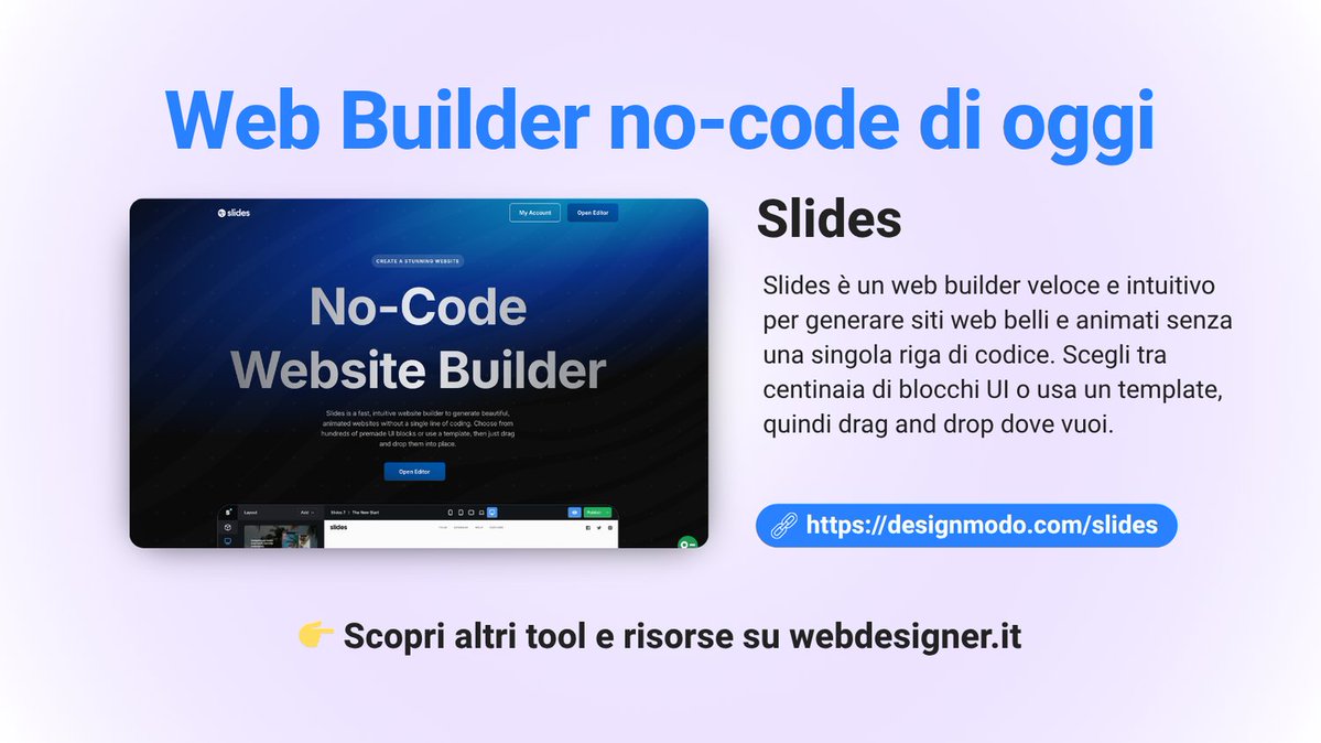 's tweet image. Web Builder no-code di oggi

Slides
Slides è un web builder veloce e intuitivo per generare siti web belli e animati senza una singola riga di codice. 

🔗 Scopri la lista completa su webdesigner.it/migliori-web-b…

#webdesign #nocode #uxdesign #webbuilder #webdesignerit #digitaltools