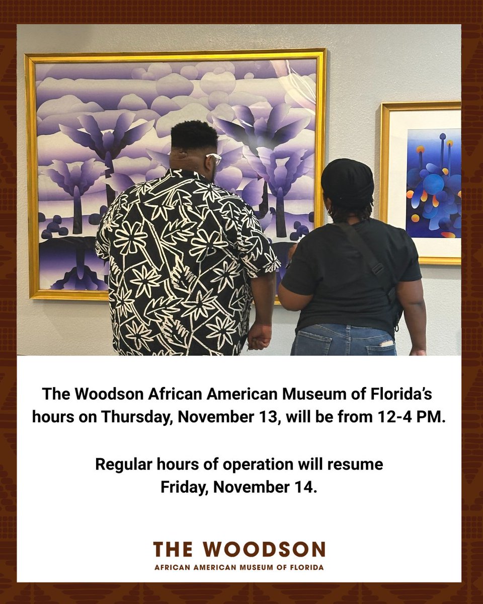 Please note that The Woodson African American Museum of Florida will close one hour earlier than usual tomorrow. 

Regular hours of operation will resume on Friday, November 14, from 11 AM-4 PM.

#thewoodson