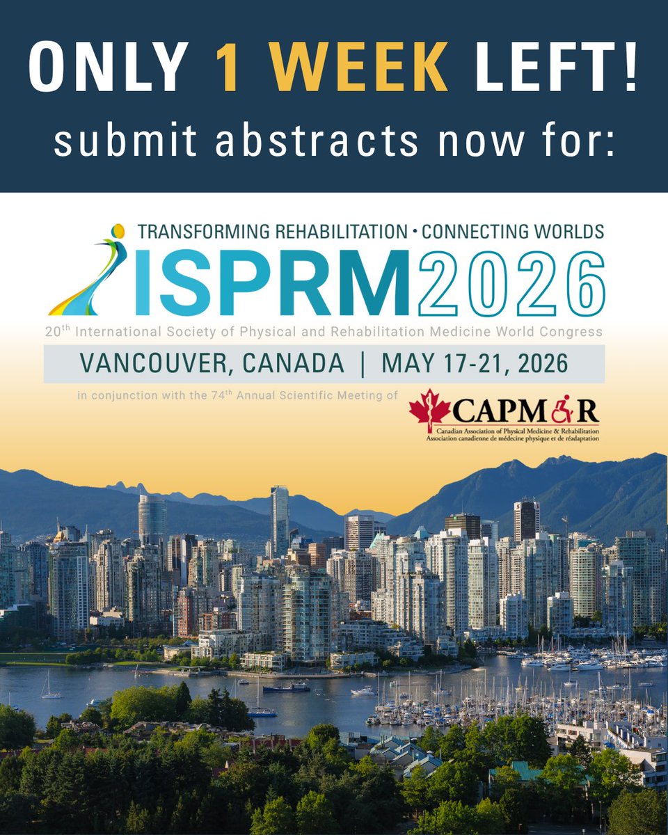 🚨 Last call for abstracts! 🚨

This is your final chance to showcase your work on a global stage at #ISPRM26 where the brightest minds in #RehabMedicine unite to share discoveries, spark ideas &amp; inspire progress.

👉Only 1 week left! Submit by Nov 20: zurl.co/B4a4A