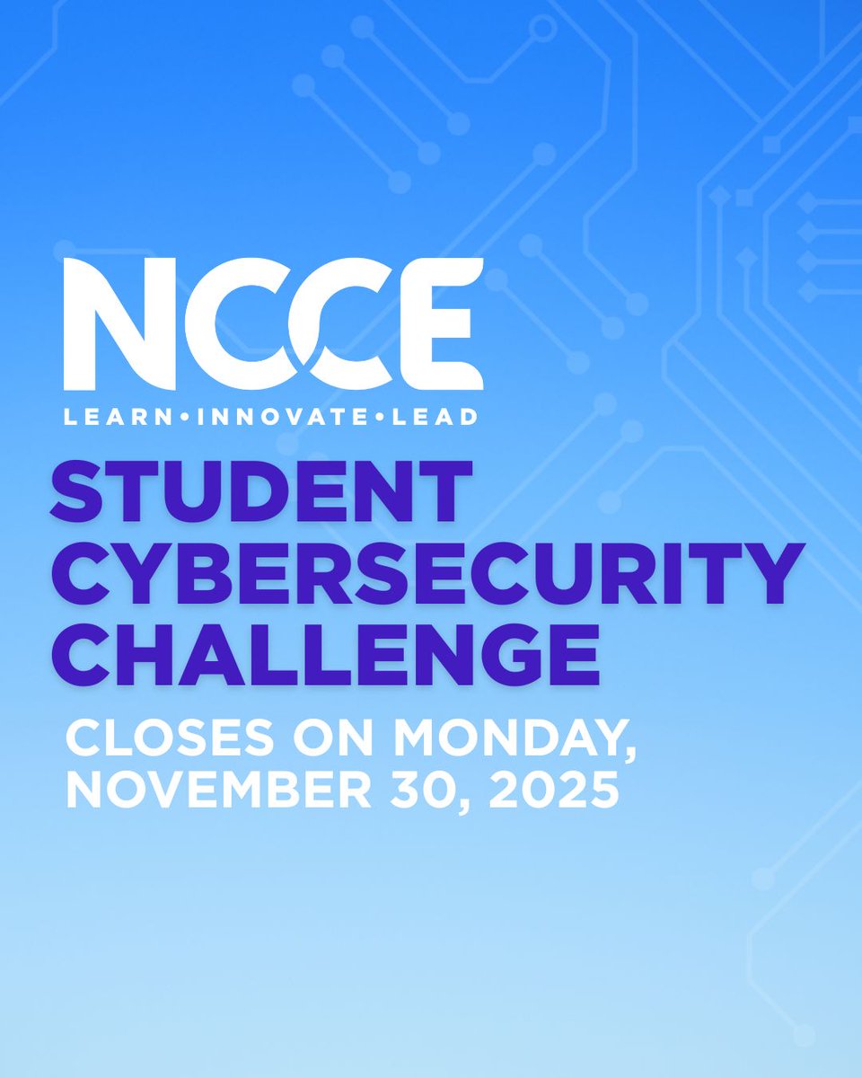 NCCE_EdTech's tweet image. Your last chance to compete! The NCCE Student Cybersecurity Challenge closes on Monday, November 30, 2025. Gain real-world experience, boost your resume, and maybe even win a prize! Don&apos;t delay, secure your spot today.

Register today! 
ncce.org/professional-l…
