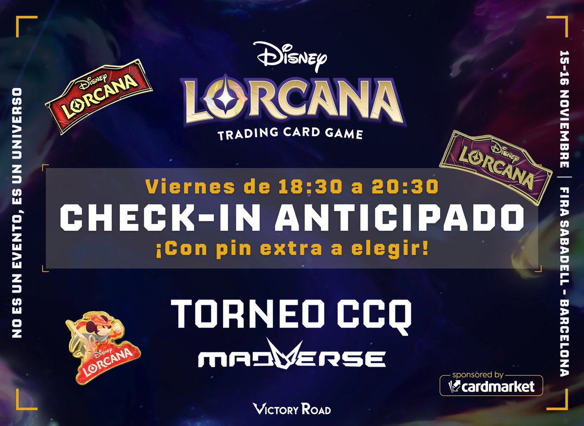Madverse_es's tweet photo. ¡Iluminadores de Disney Lorcana! 🏰

¡Hoy os esperamos en Fira Sabadell para el Check-in Anticipado de 18:30 a 20:30! ⏰

Recuerda: Debes tener entregada tu lista de mazo para poder hacer check-in 🗒️

¡Y llévate un pin a elegir por venir! 📌 https://t.co/NFdzqXoTfe