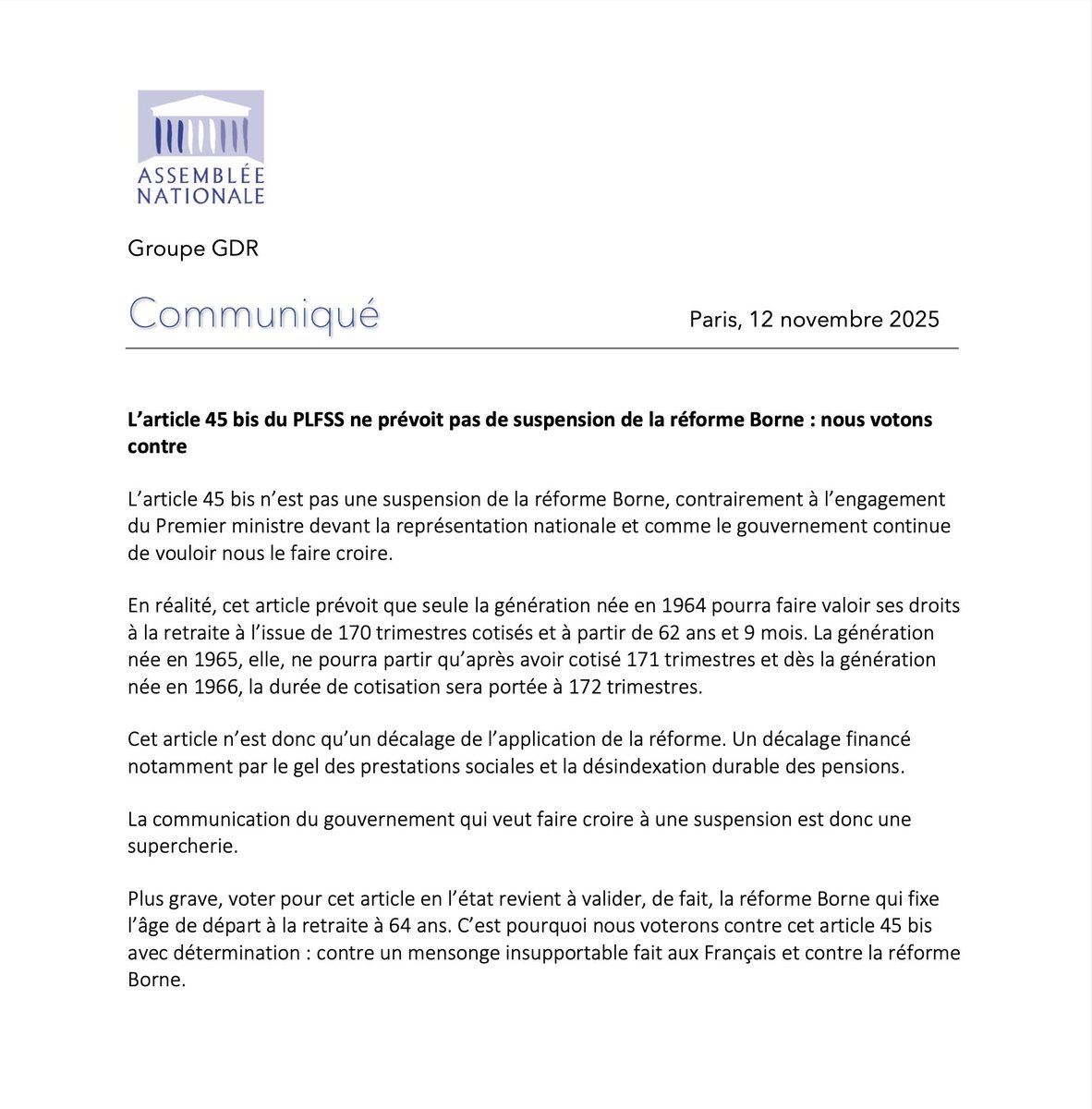 #DirectAN L’article 45 bis du #PLFSS2026 ne prévoit pas de suspension de la réforme Borne : nous avons voté contre  

Notre communiqué ⤵️