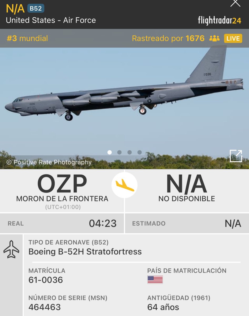 🔴Boeing B-52H Stratofortress (61-0036) de la United States - Air Force #USAF 🇺🇸 “PIOUS97” sobre #Córdoba rumbo a la base aérea de Morón de la Frontera #Sevilla #Spain 🇪🇸 después de un vuelo de 14 horas por todo el centro-norte de #Europa