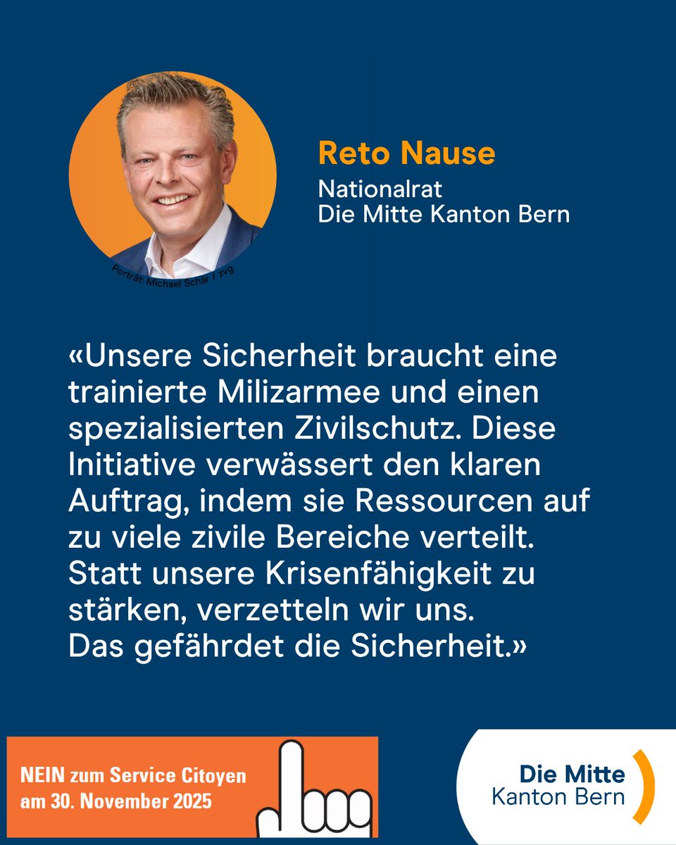 Die Service Citoyen Initiative gefährdet laut unserem Nationalrat Reto Nause die Sicherheit der Schweiz - deshalb lehnt er die Initiative am 30. November ab.

#DieMitteBE #Abst25 #ServiceCitoyen #Bürgerdienst #Sicherheit