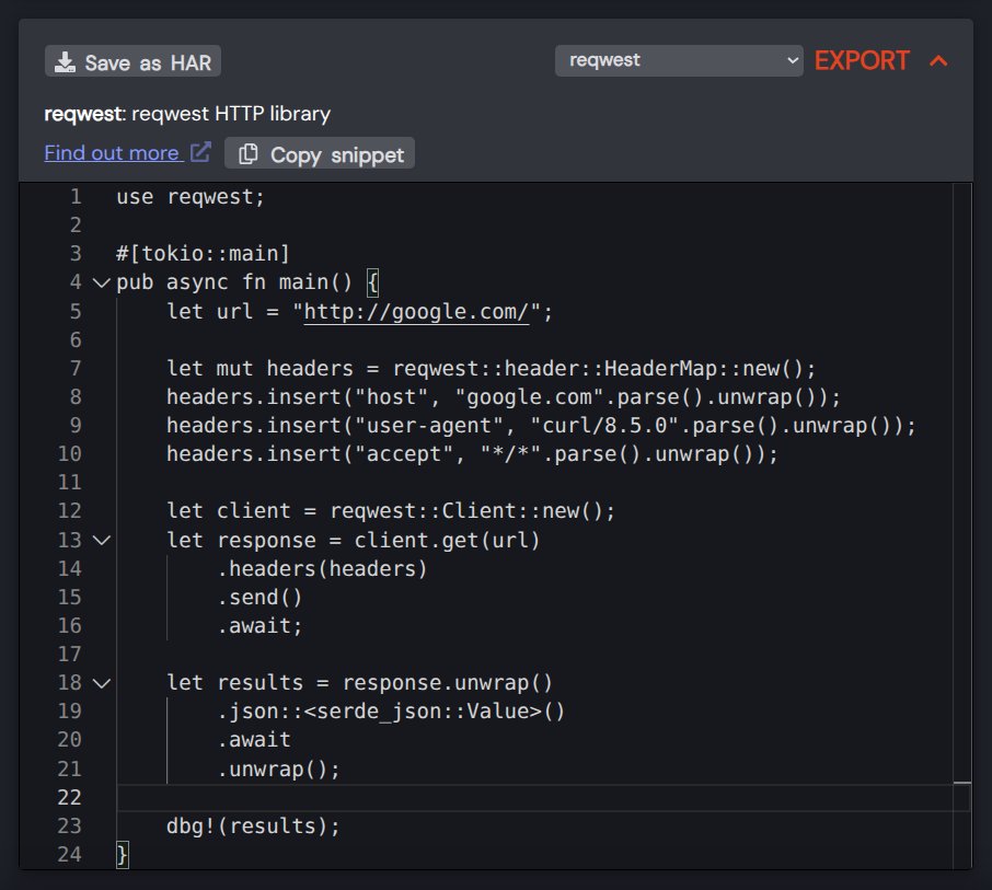HttpToolkit's tweet image. If you like turning HTTP into code, you&apos;ll be excited to hear that HTTP Toolkit can now export requests as ready-to-use code for:

- Rust&apos;s Reqwest library
- Ruby&apos;s Faraday library
- Crystal&apos;s built-in APIs
- Spring RestClient on the JVM

Plus plenty of other fixes &amp;amp; tweaks too!