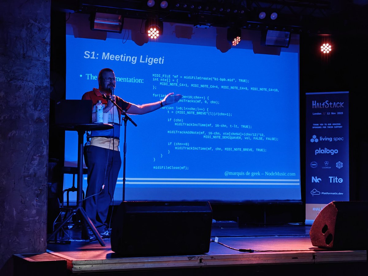 robnet's tweet image. @MarquisdeGeek recreating the timings of  Ligeti&apos;s Poème Symphonique for 100 metronomes, with Midi! Plus some totally legal non-repetitive generative music to bypass section 63 of the Criminal Justice and Public Order Act of 1994 😎 @halfstackconf #halfstack #halfstacklondon