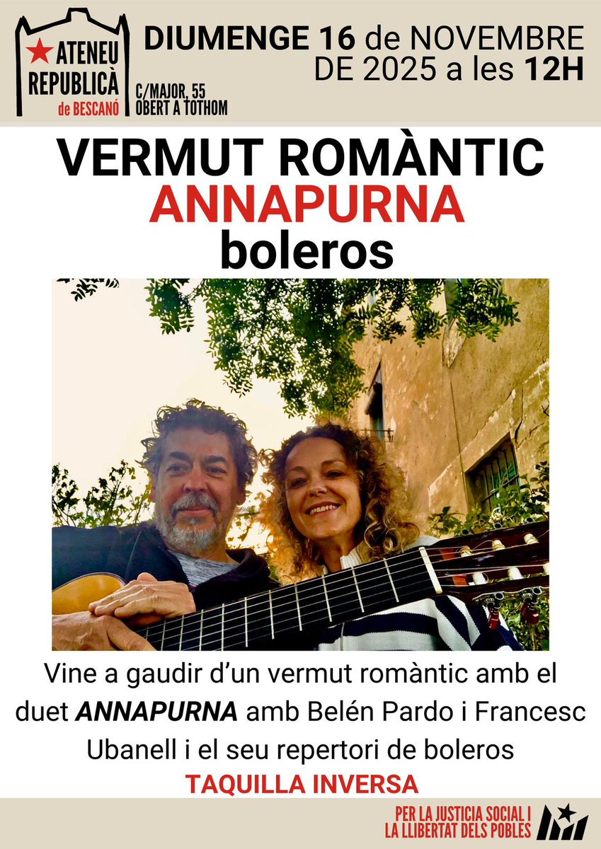 I aquest diumenge  16 a les 12h VERMUT ROMÀNTIC amb el concert del duet *ANNAPURNA*
Veniu a passar un bon migdia amb els boleros en un ambient proper i acollidor.
#Bescanó