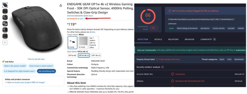 recepsec's tweet photo. Your cheap gaming mouse from Amazon installs malware to steal your information??
You saw a huge deal in amazon, with a lot of reviews. (fake)  So you buy the mouse and download the driver from the official site to get the best polling rate or settings. Then  PC  infected with RAT https://t.co/QHberG7ahQ