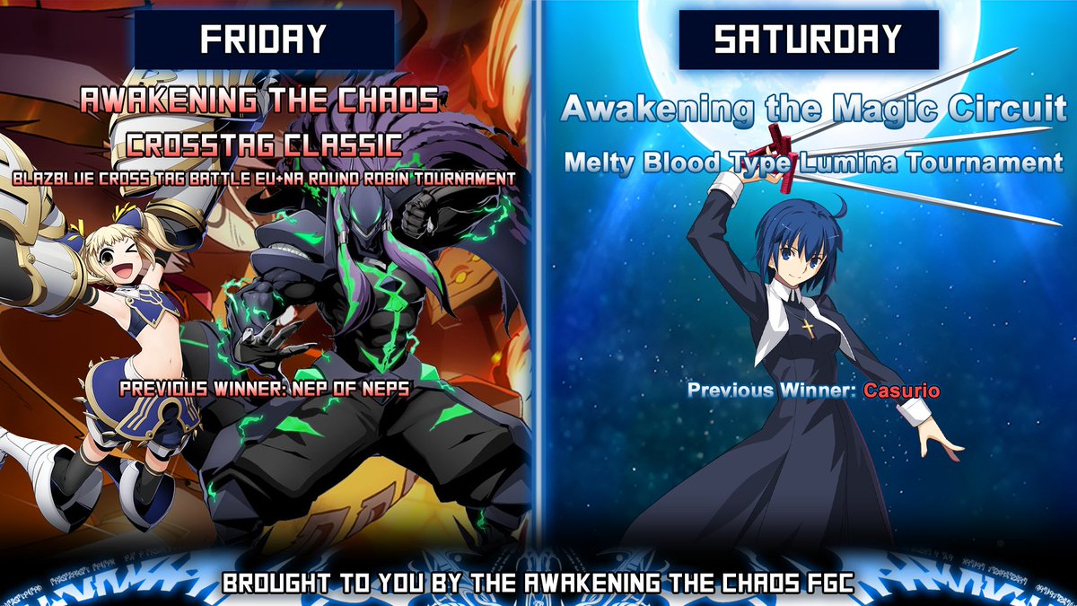 AtCFGC's tweet image. This weekend's schedule!

Friday 14th 8PM CET/2PM EST - #BBTAG Round Robin :
atcfgc.challonge.com/AtCC7

Saturday 15th 7PM CET - #MBTL : atcfgc.challonge.com/AtMC49

All tournaments are played on PC!
discord.com/invite/uZ5xxhK…