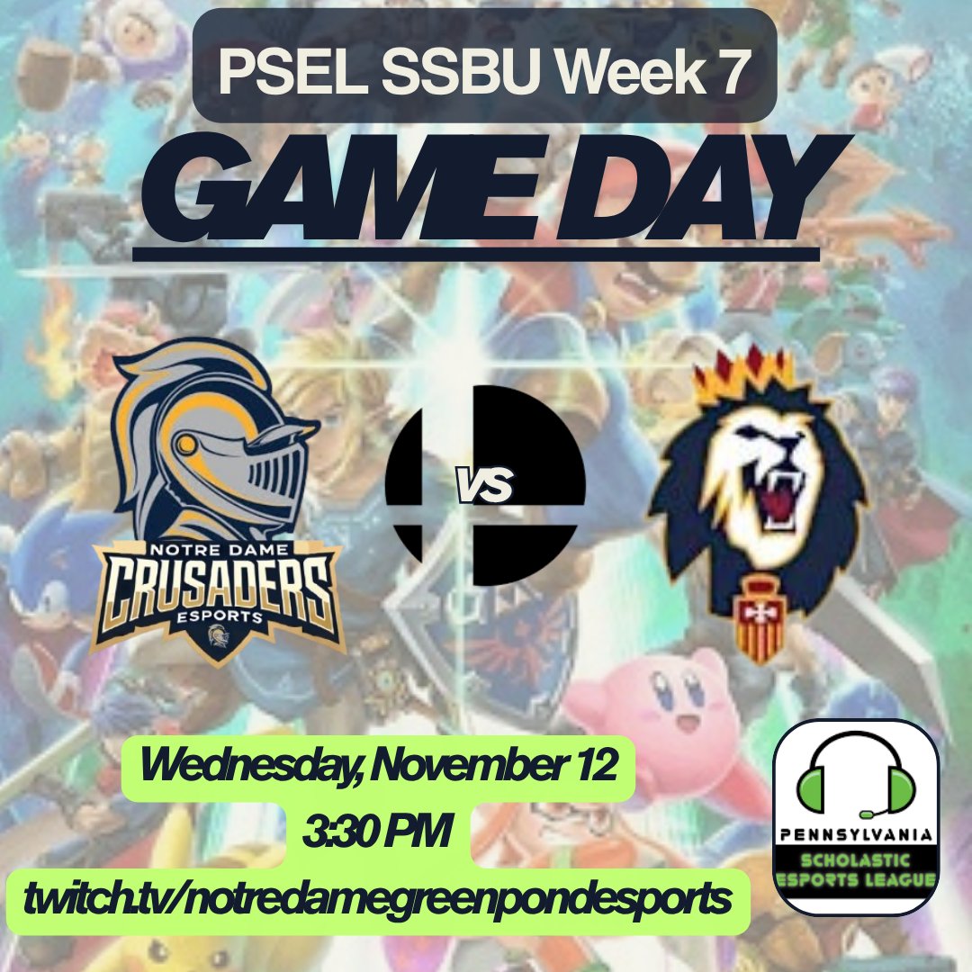 NDGP_Esports's tweet image. 🔥 GAME DAY 🔥
Week 7 of PSEL SSBU — NDGP faces Mercy Career &amp;amp; Tech! 💥
Catch the action live at 3:30 PM 🎮
📺 twitch.tv/notredamegreen…
Let’s lock in, Crusaders ⚔️ #NDGPEsports #SSBU #PSEL #SmashBros #GoBeGreat @playvs @PSELesports