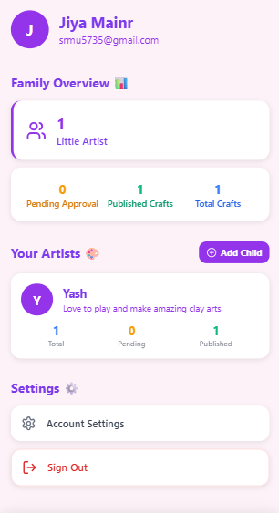 sahilrakhaiya's tweet image. 🎨 KidsCraft: where young creators shine safely!
AI buddy KidGemi sparks ideas 💡
Parents approve crafts 👩‍👦
Built with #ContraHackathon 🚀 #anythingchallenge
#AI #Kids #Creativity #NoCode

Parents approved the post and other can see or inquiry for purchase it!