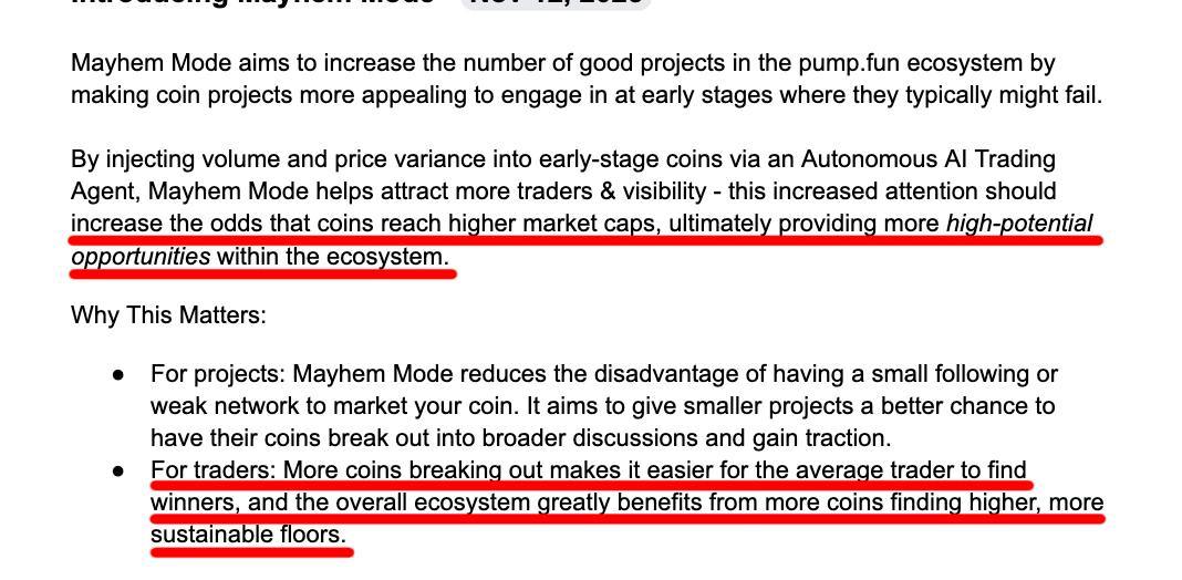 Yennii56's tweet photo. Mayhem mode is actually bullish af for traders 

IQ of an average trencher is low but if go through the docs

it says "early action attracts more buyers, helping coins reach higher market caps and stronger floors. For traders, it means more potential winners to find and trade"

Any experimental feature takes time to get right, but hopefully this makes a big impact in the long run