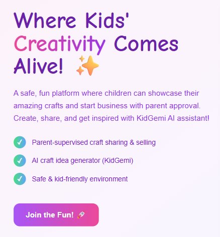 sahilrakhaiya's tweet image. 🎨 KidsCraft: where young creators shine safely!
AI buddy KidGemi sparks ideas 💡
Parents approve crafts 👩‍👦
Built with #ContraHackathon 🚀 #anythingchallenge
#AI #Kids #Creativity #NoCode

Parents approved the post and other can see or inquiry for purchase it!