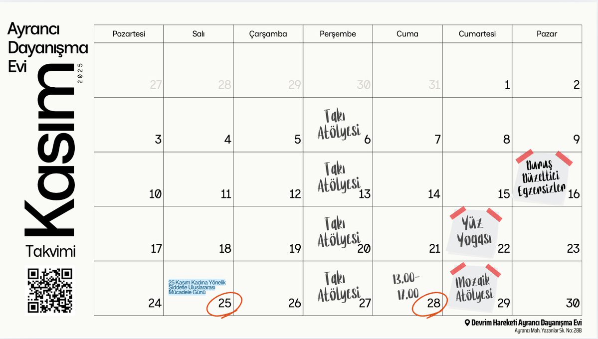 DHAyranci's tweet image. 📢 Kasım ayı Devrim Hareketi Ayrancı Dayanışma evi etkinlik ve buluşma takvimi yayında! 

Birlikte düşünmek, birlikte üretmek, birlikte planlamak için tüm yurttaşlarımızı Dayanışma Evimize davet ediyoruz. 

Dayanışmayı ve mücadeleyi birlikte büyütelim!