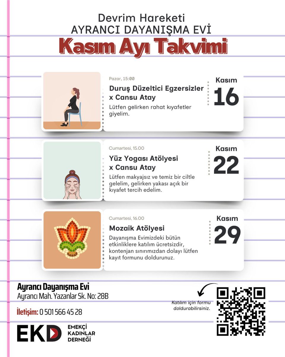 DHAyranci's tweet image. 📢 Kasım ayı Devrim Hareketi Ayrancı Dayanışma evi etkinlik ve buluşma takvimi yayında! 

Birlikte düşünmek, birlikte üretmek, birlikte planlamak için tüm yurttaşlarımızı Dayanışma Evimize davet ediyoruz. 

Dayanışmayı ve mücadeleyi birlikte büyütelim!