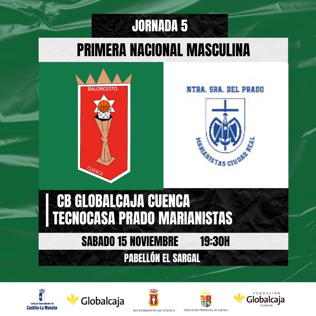 🌟 𝐌𝐀𝐓𝐂𝐇𝐃𝐀𝐘 

🏆 Jornada5 (Primera Nacional Masculina)
🆚 @bcpradomarianistas 
⏰ 19:30 horas 
🏟️ Pabellón El Sargal (Pista Esperanza Calvo)

<a href="/SomosGlobalcaja/">Globalcaja</a>
#Globalcajaconeldeporte