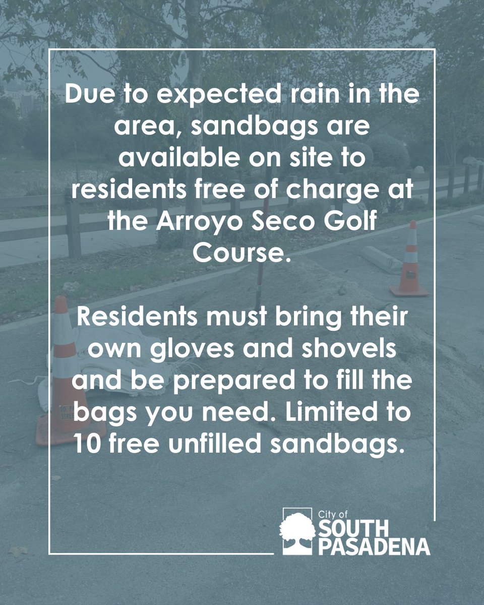Due to forecasted rain in the area this week, residents can stop by the Arroyo Seco Golf Course, located at 1055 Lohman Lane, to fill up to 10 sandbags free of charge.

Residents must bring their own gloves and shovels and be prepared to fill the bags you need.