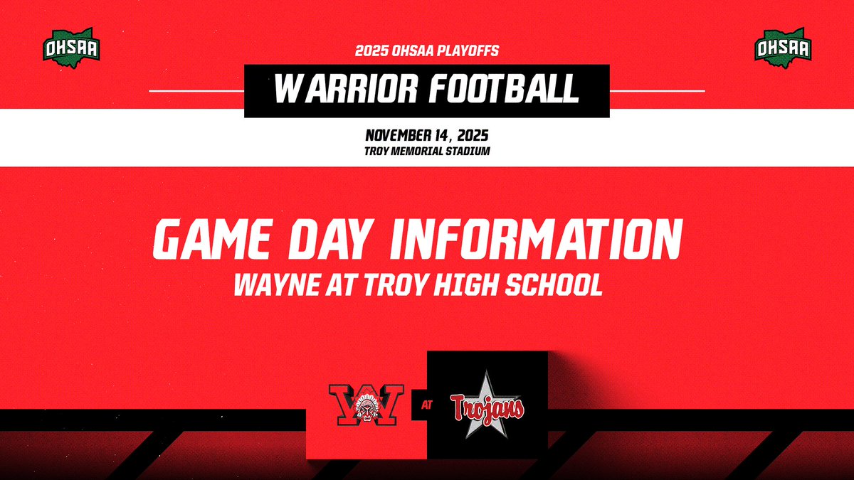 🏈 | GAME DAY INFO

🎟️ are on sale now for when <a href="/WayneWarriorFB1/">Wayne Warrior Football</a> travels to Troy Memorial Stadium on 11/14 for a Region II Semifinal.

Get yours today and check out game day information at the links below!

🎟️ | tinyurl.com/4352e9vp
ℹ️ | tinyurl.com/j6zf27mk

#WarriorPride