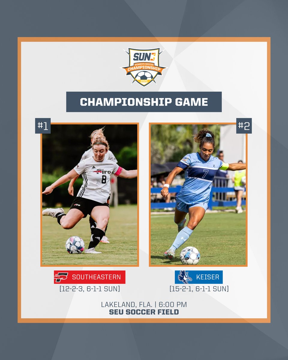 SunConference's tweet image. 𝐂𝐇𝐀𝐌𝐏𝐈𝐎𝐍𝐒𝐇𝐈𝐏 𝐌𝐀𝐓𝐂𝐇 🏆

No. 1-seeded @SEUFireWSoccer and No. 2-seeded @Keiser_WSoccer face off in tonight’s #SUNWSOC Tournament Final at 6:00 p.m. in Lakeland!

Tune in📺 urbanedgenetwork.net/?school=sun-co…