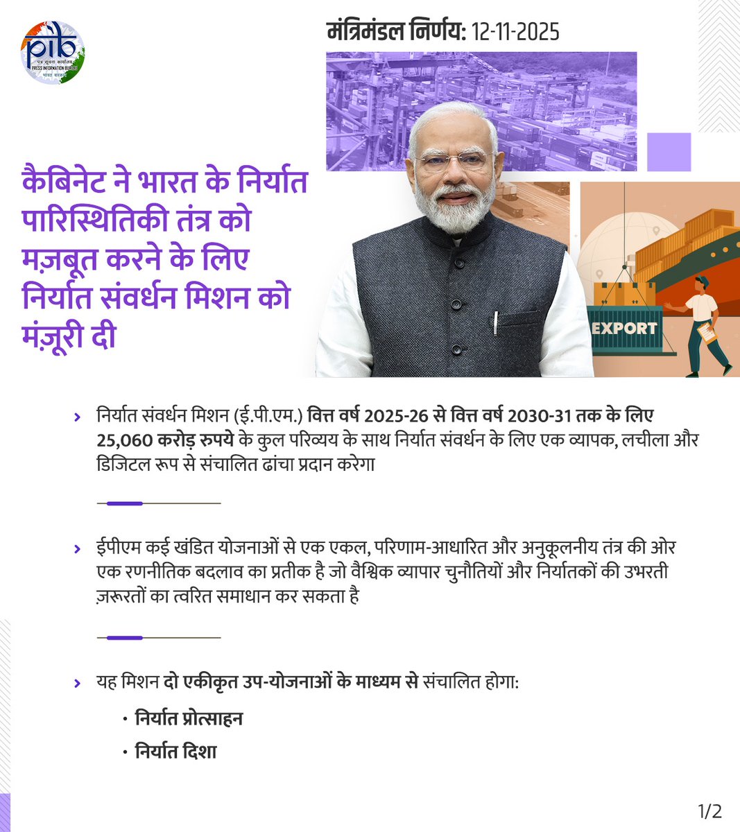 HardeepSPuri's tweet image. केंद्रीय कैबिनेट ने ₹25,060 करोड़ के outlay के साथ भारत के निर्यात इकोसिस्टम को सुदृढ़ करने के लिए निर्यात संवर्धन मिशन (EPM) को मंजूरी दी है। 

विकसित भारत-2047 के विजन के अनुरूप यह मिशन संरचनात्मक चुनौतियों का प्रत्यक्ष रूप से समाधान करेगा। यह MSME, नए एक्सपोर्ट्स और…